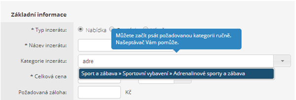 Volba kategorie inzerátu
